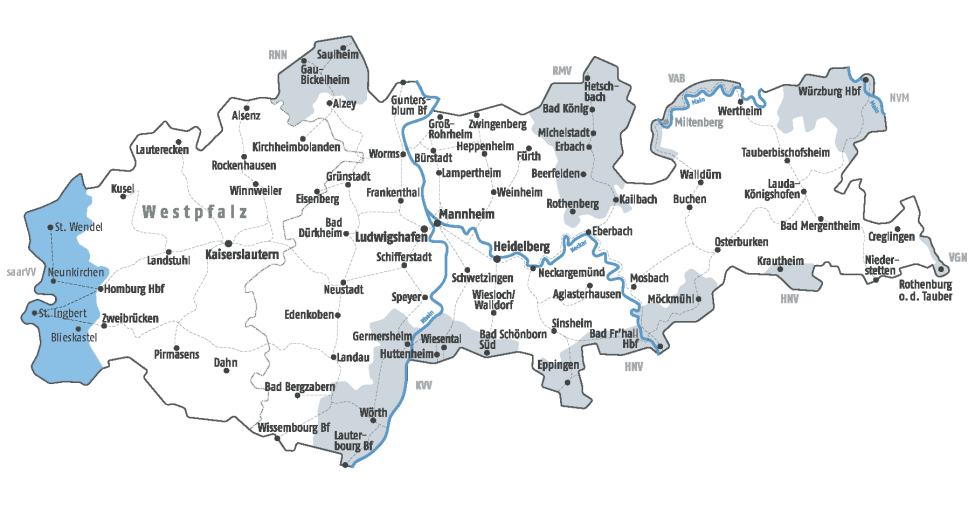 Karte des Verbundgebietes mit farblich markiertem Übergangsgebiet zum saar VV