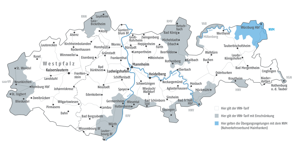 Karte des Verbundgebietes mit farbllich markiertem Übergangsgebiet zum NVM